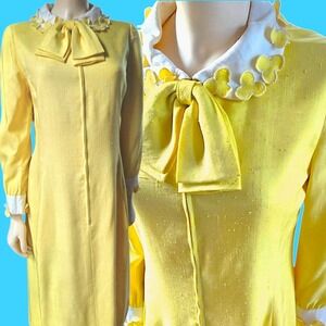 Vintage Sunny Mod Yellow Linen Blend 60s Dress Appliqued Flowers Joseph Stein...